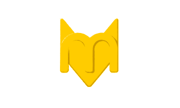 [white field, yellow design centered combining an m with a cat's head]