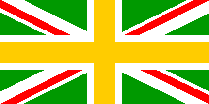 [green field, golden cross fimibriated white over a red saltire fimibriated white]