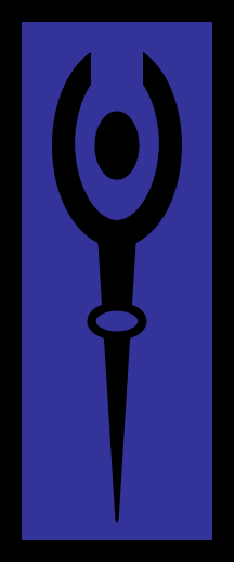 [blue hanging banner with a black logo]