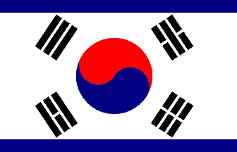 [South Korean flag with North Korean blue stripes along top and bottom.]