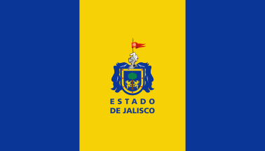 Alternative flag of Jalisco: blue-yellow-blue vertical triband with the state's arms and name